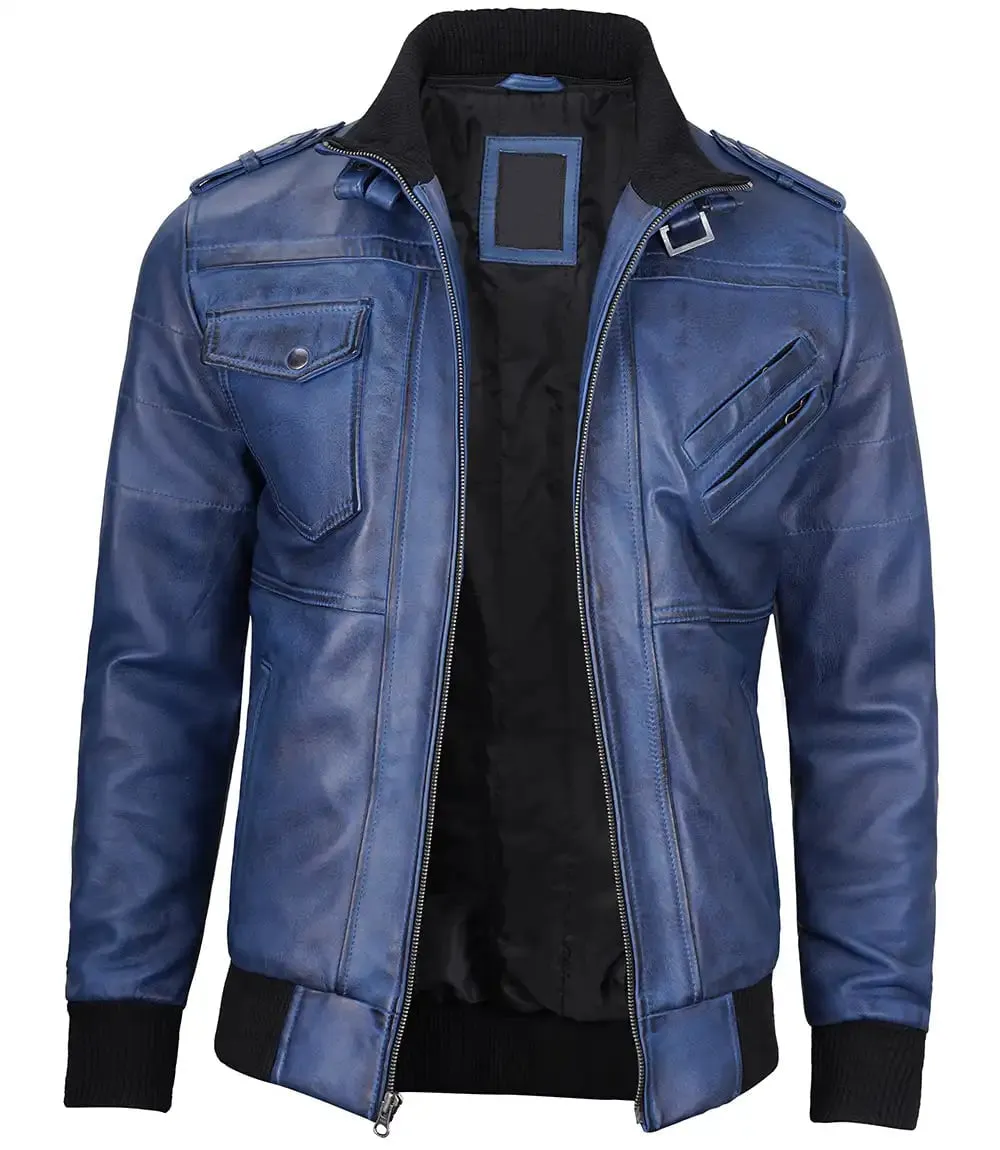 Stylish Mens Blue Leather Jacket with Removable Hood