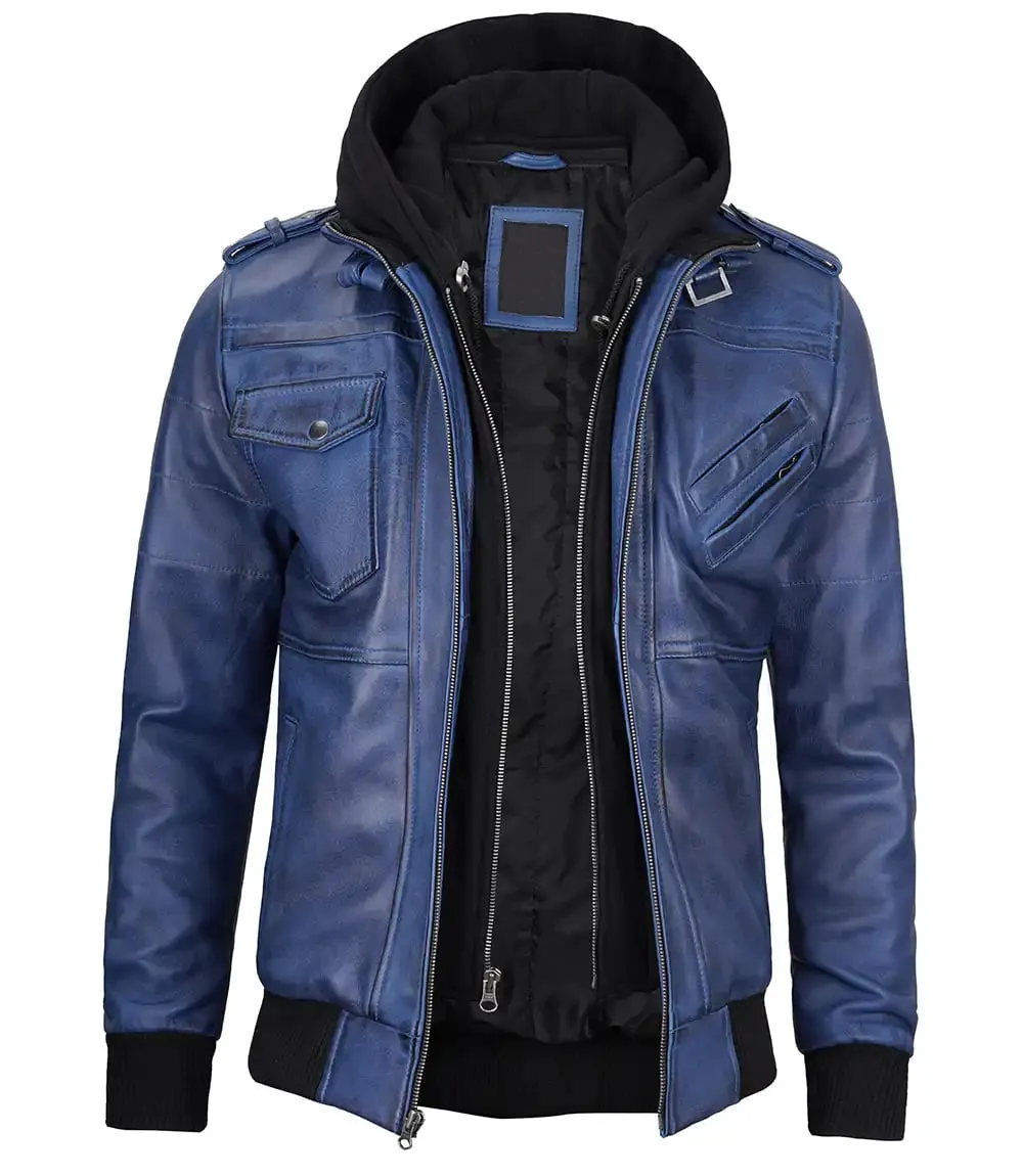 Stylish Mens Blue Leather Jacket with Removable Hood