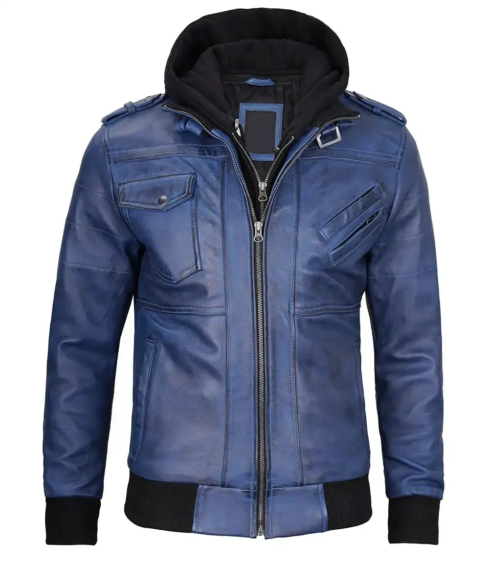 Stylish Mens Blue Leather Jacket with Removable Hood