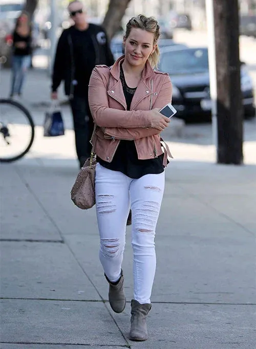 Stylish Pink Biker Leather Jacket Worn By Hilary Duff | Hilary Duff Stylish Pink Biker Leather Jacket
