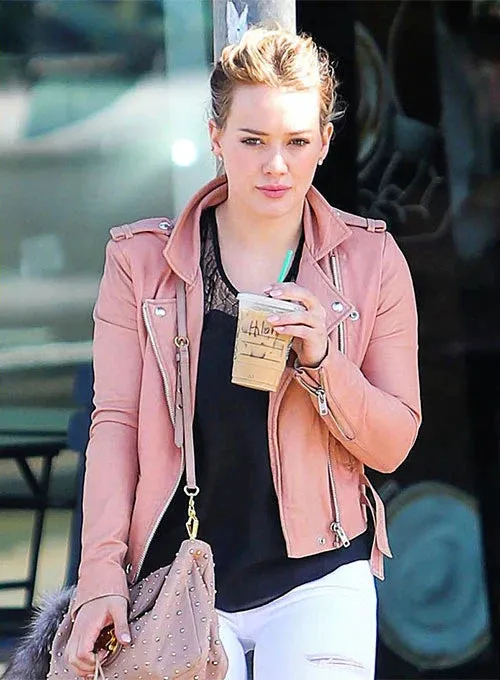Stylish Pink Biker Leather Jacket Worn By Hilary Duff | Hilary Duff Stylish Pink Biker Leather Jacket