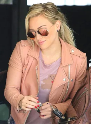 Stylish Pink Biker Leather Jacket Worn By Hilary Duff | Hilary Duff Stylish Pink Biker Leather Jacket