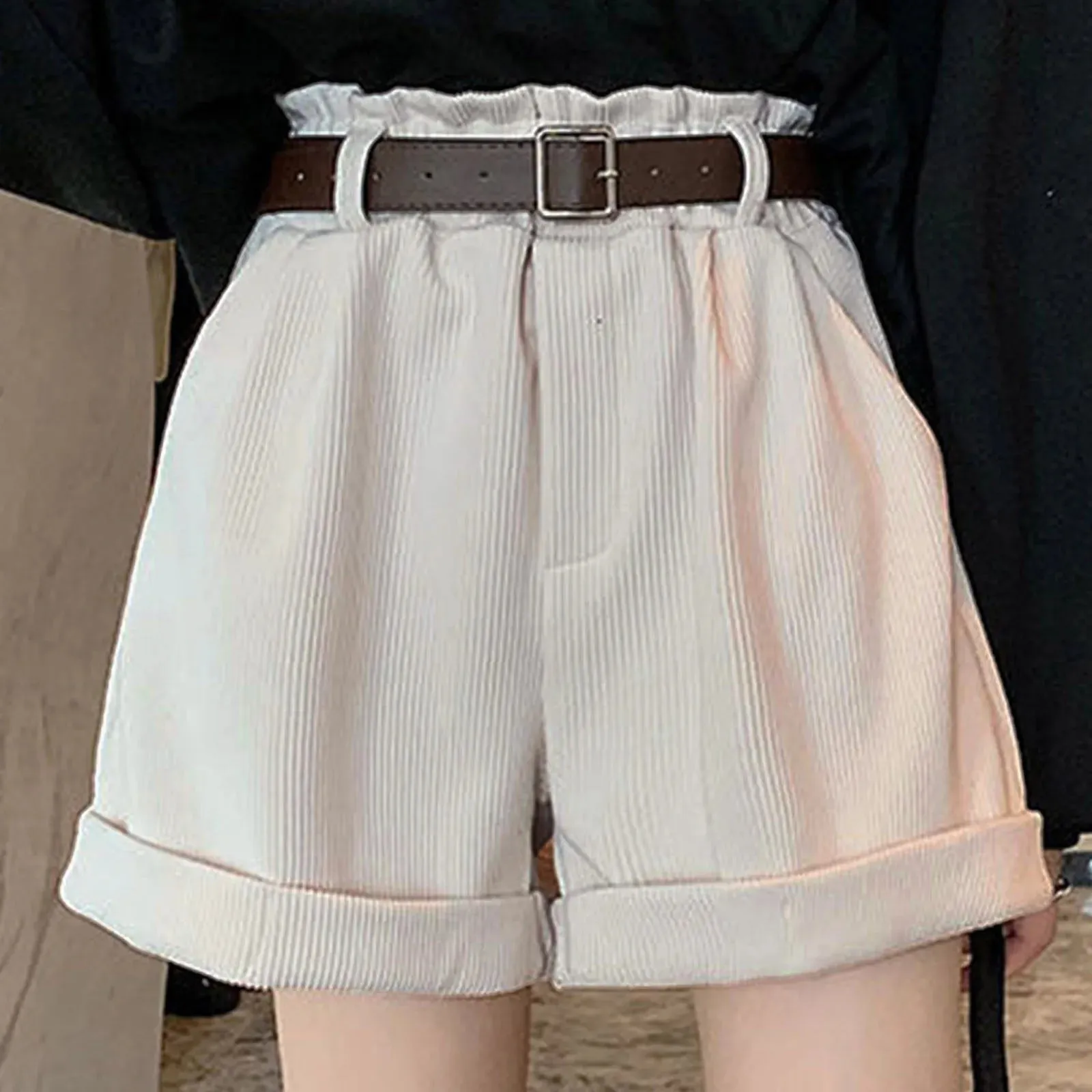 Summer High Waist Corduroy Wide Leg Pleated Casual Soft Short