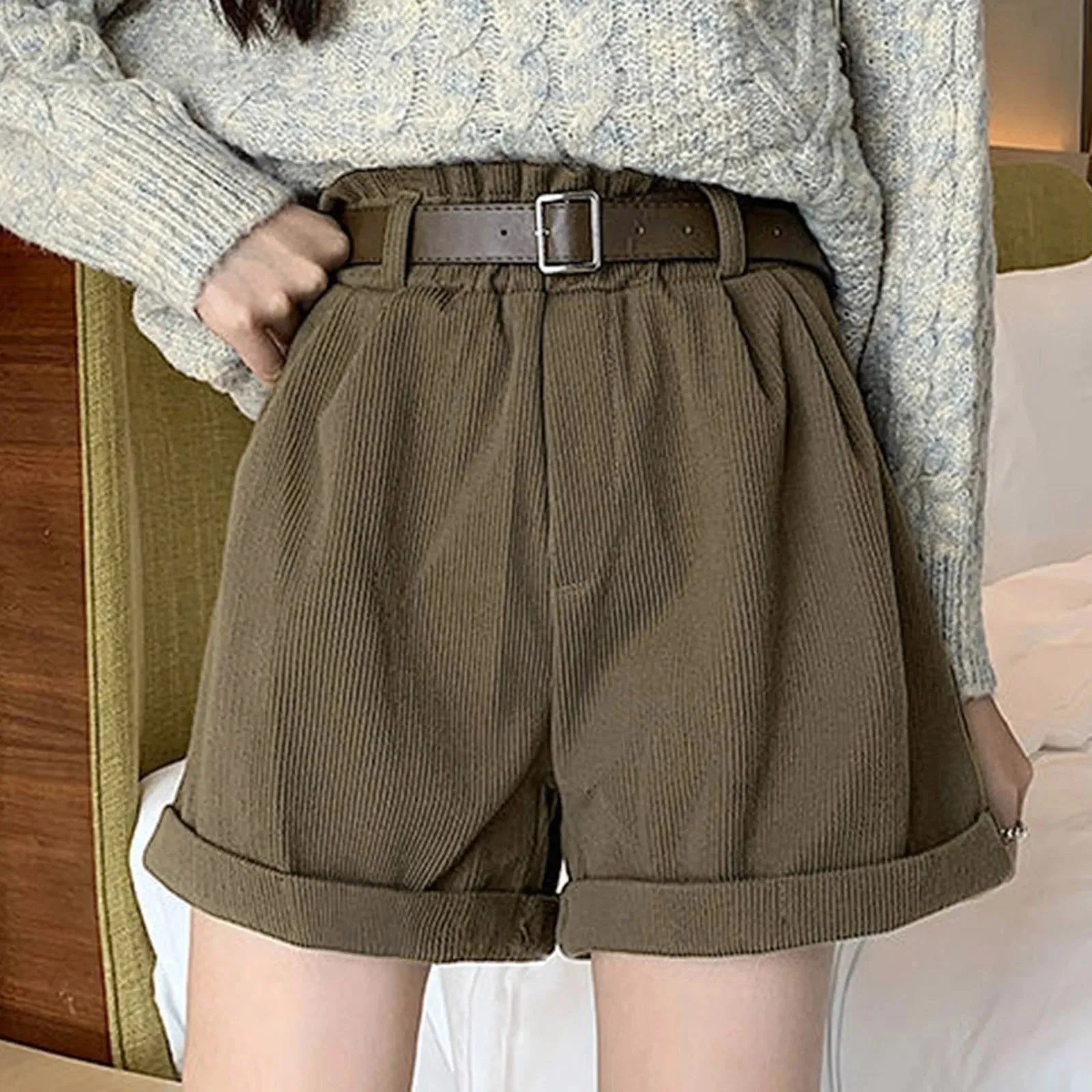 Summer High Waist Corduroy Wide Leg Pleated Casual Soft Short