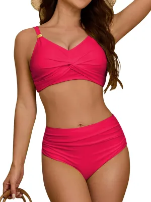 swimall Womens High Waisted Bikini Sets Two Piece Swimsuit Twist Front Modest Tummy Control Bathing Suits