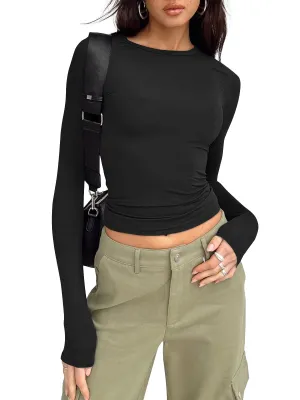 Trendy Queen Long Sleeve Shirts for Women Basic Spring Crop Tops Tees Tight Slim Fit Cute Going Out New Year Outfits Teen Girls Fall Winter Y2k Clothing 2024 Black M