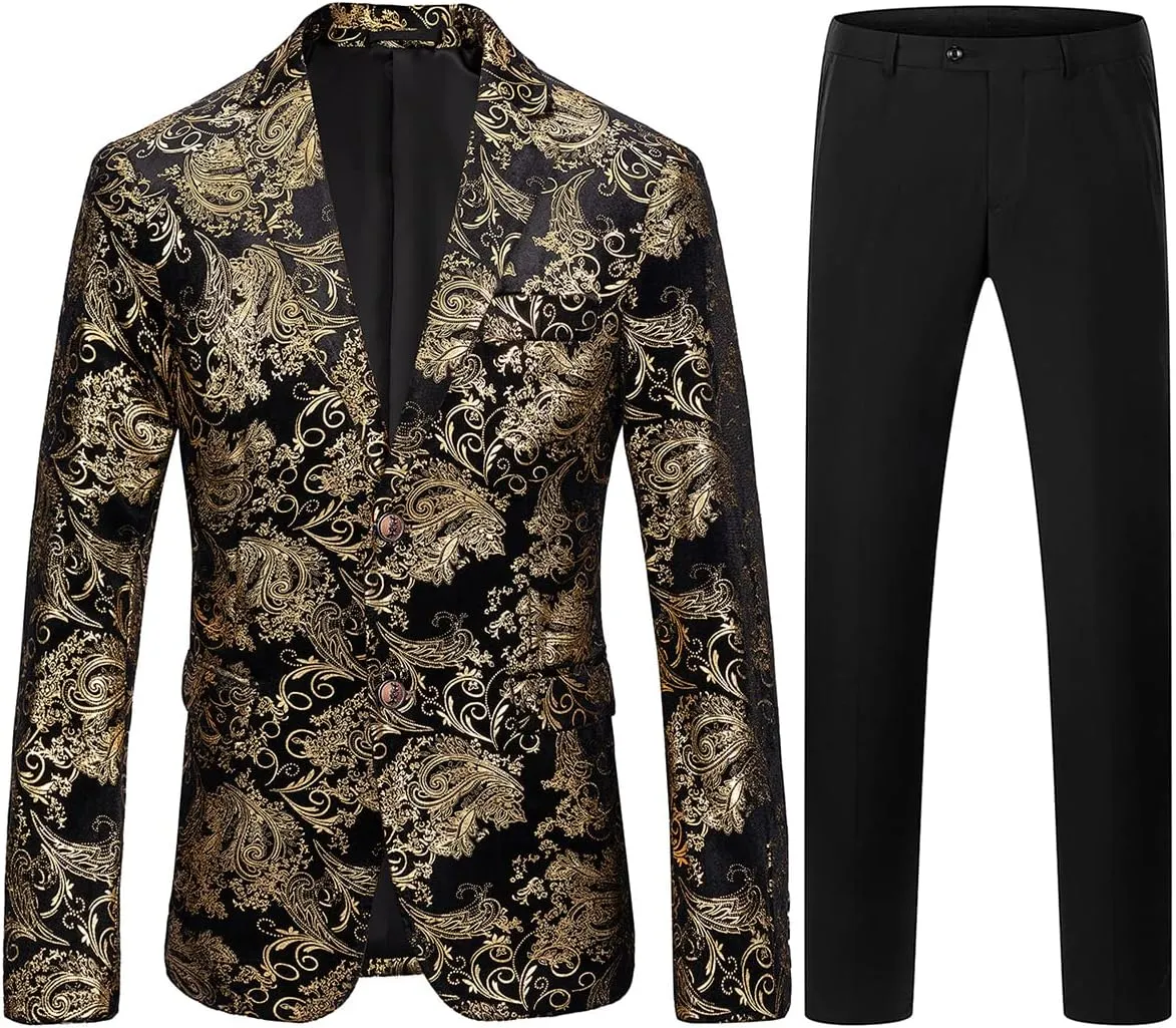 TRONSTORE Men's Velvet Suit Set Slim Fit 2 Piece Tuxedos Two Button Pattern Suit Jacket Pants Party Prom