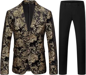 TRONSTORE Men's Velvet Suit Set Slim Fit 2 Piece Tuxedos Two Button Pattern Suit Jacket Pants Party Prom