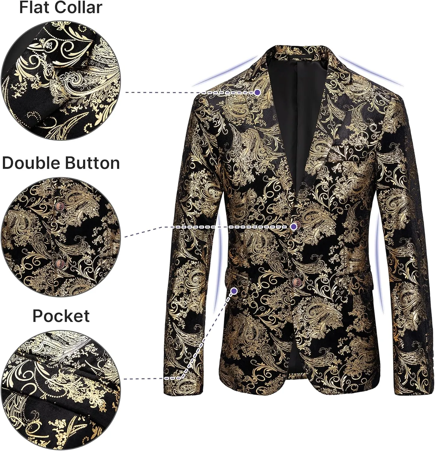 TRONSTORE Men's Velvet Suit Set Slim Fit 2 Piece Tuxedos Two Button Pattern Suit Jacket Pants Party Prom