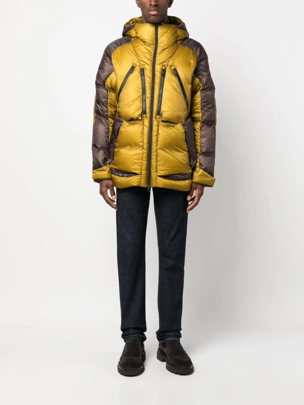 two-tone hooded down jacket