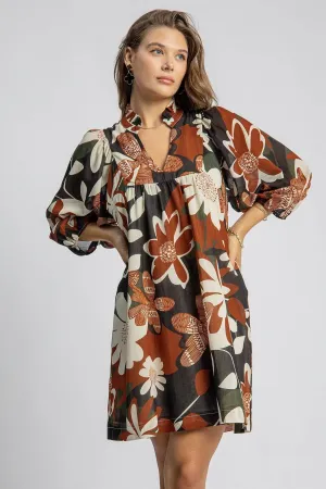 Umgee Lightweight Floral Print Dress in Rust Mix