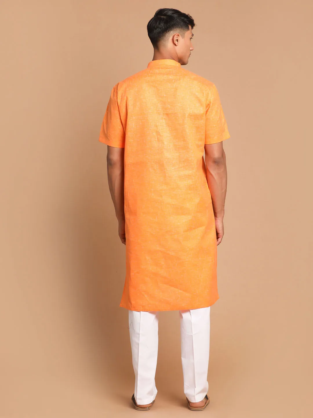 Vastramay Men's Orange Kurta with White Pyjamas