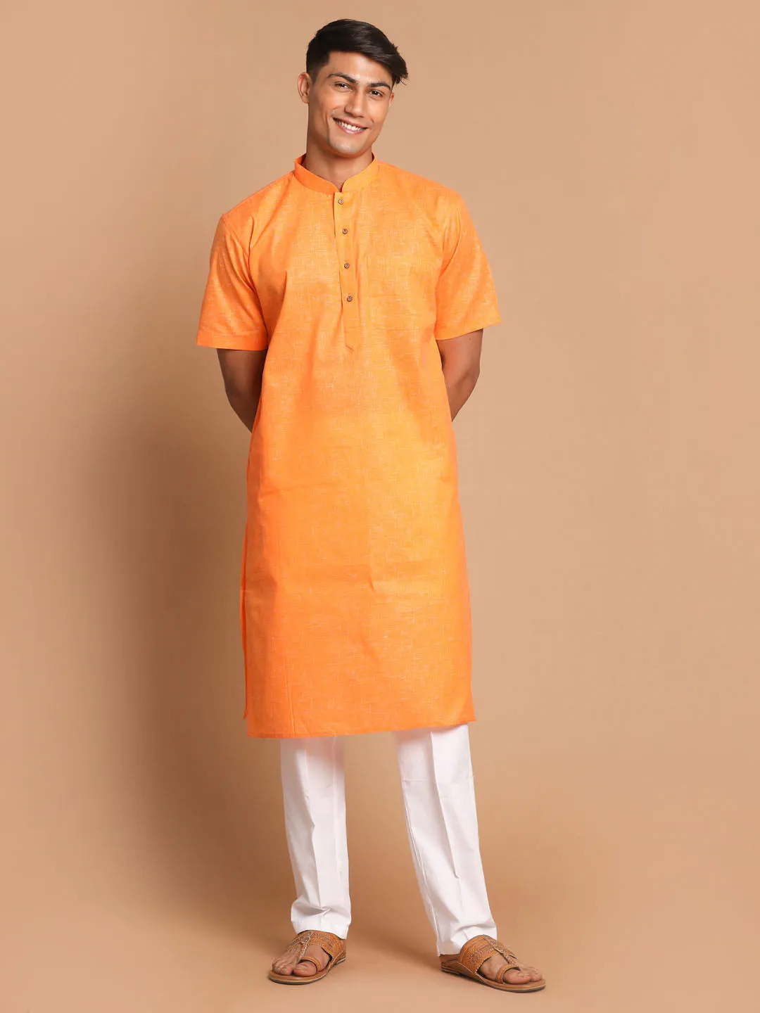 Vastramay Men's Orange Kurta with White Pyjamas