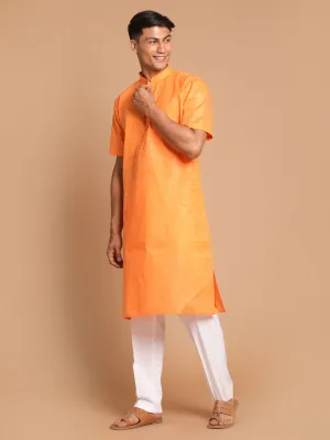 Vastramay Men's Orange Kurta with White Pyjamas
