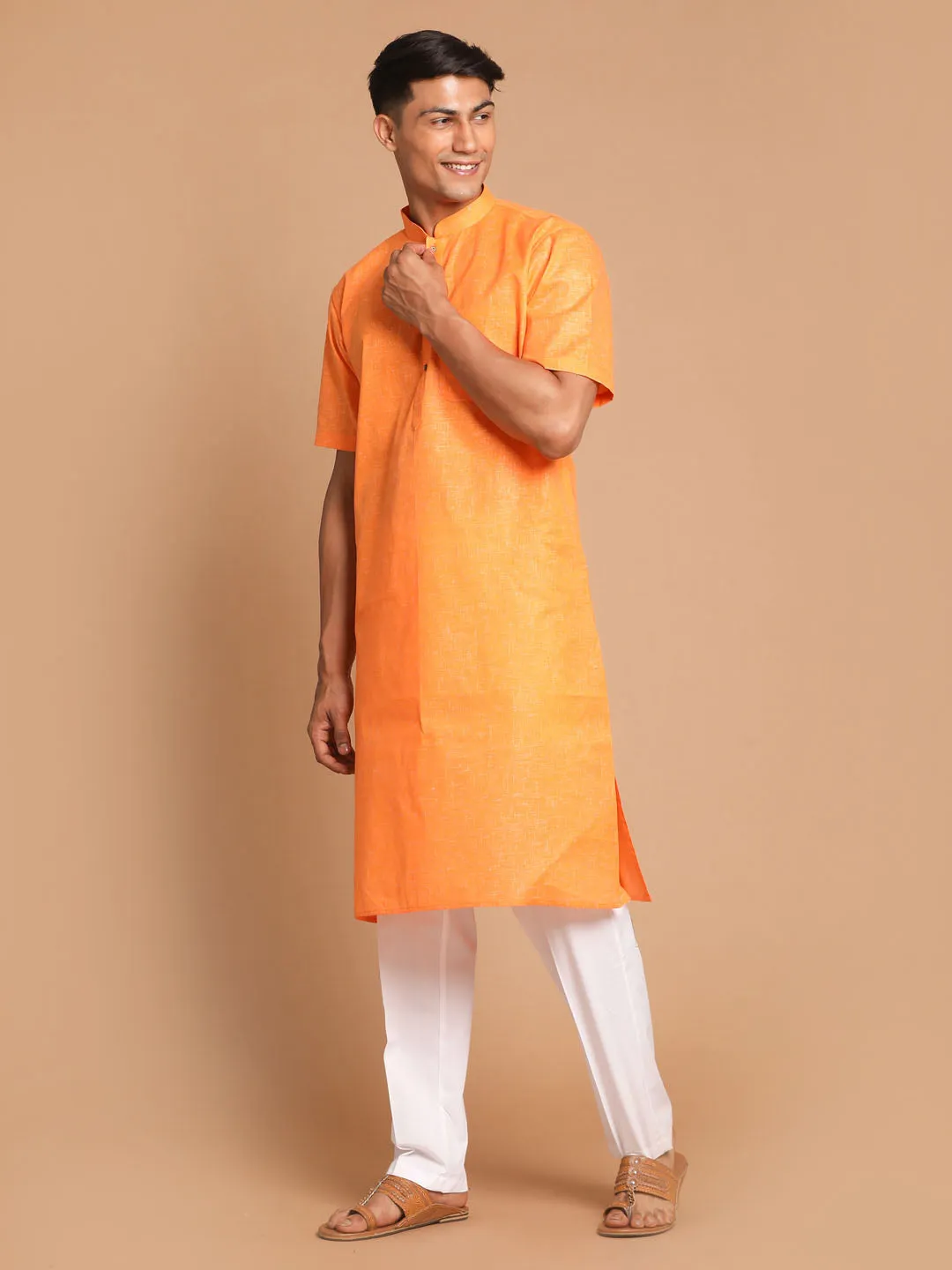 Vastramay Men's Orange Kurta with White Pyjamas