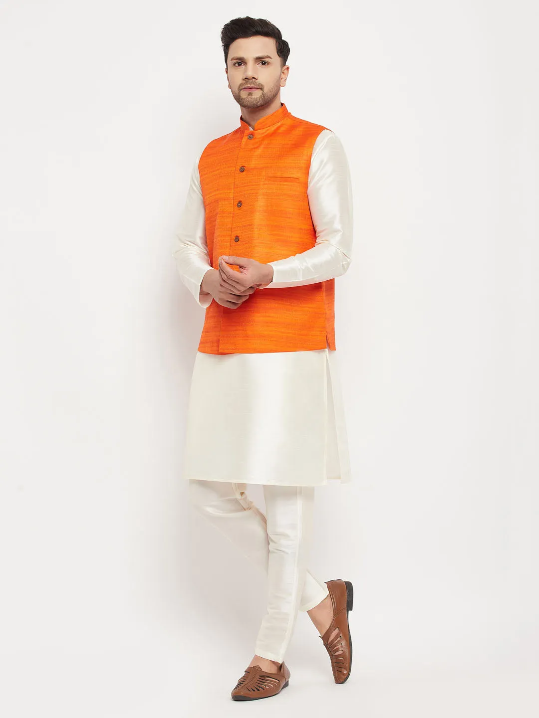VASTRAMAY Men's Orange Silk Nehru Jacket
