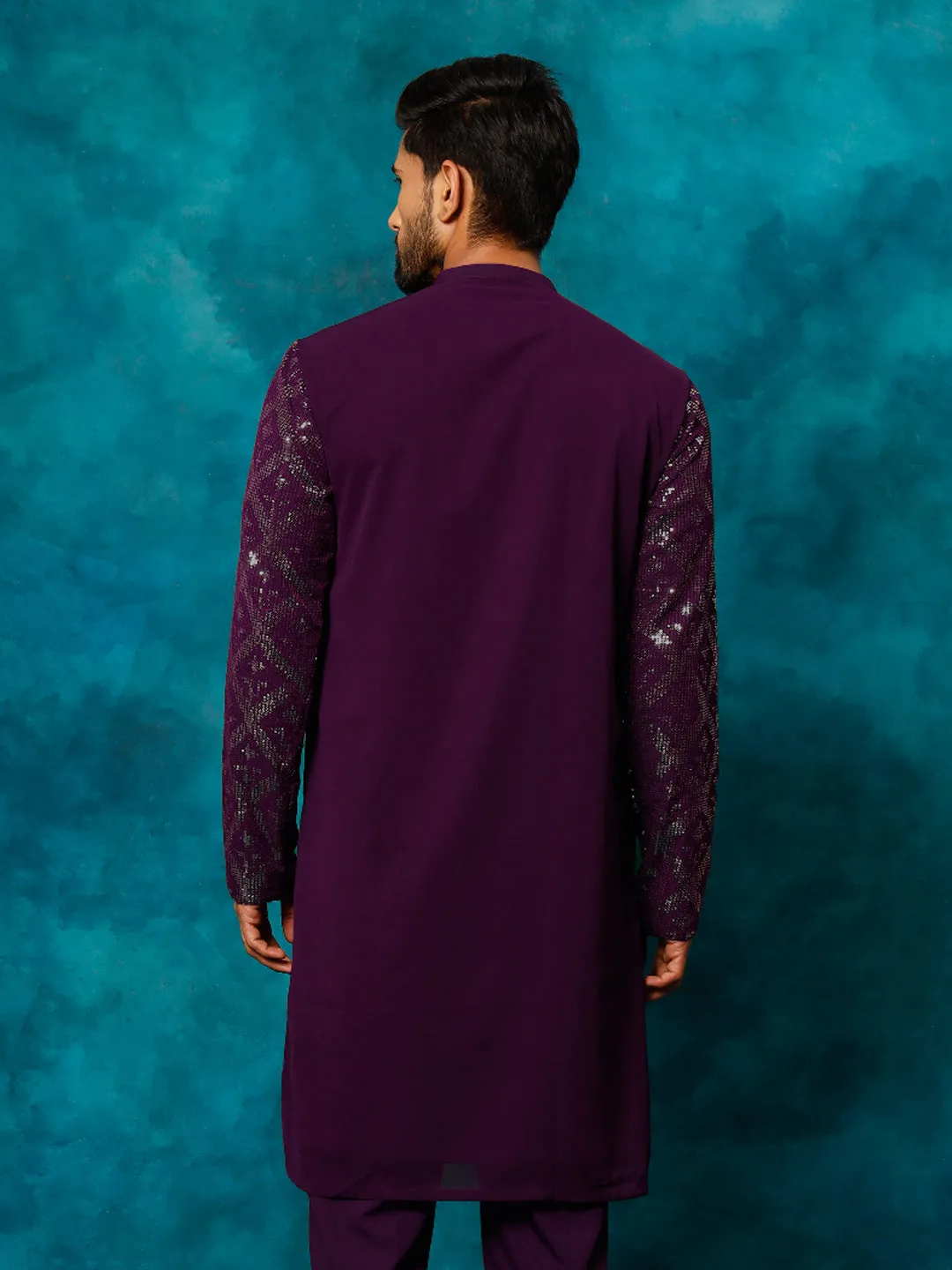 Vastramay Men's Purple Georgette Embellished Kurta