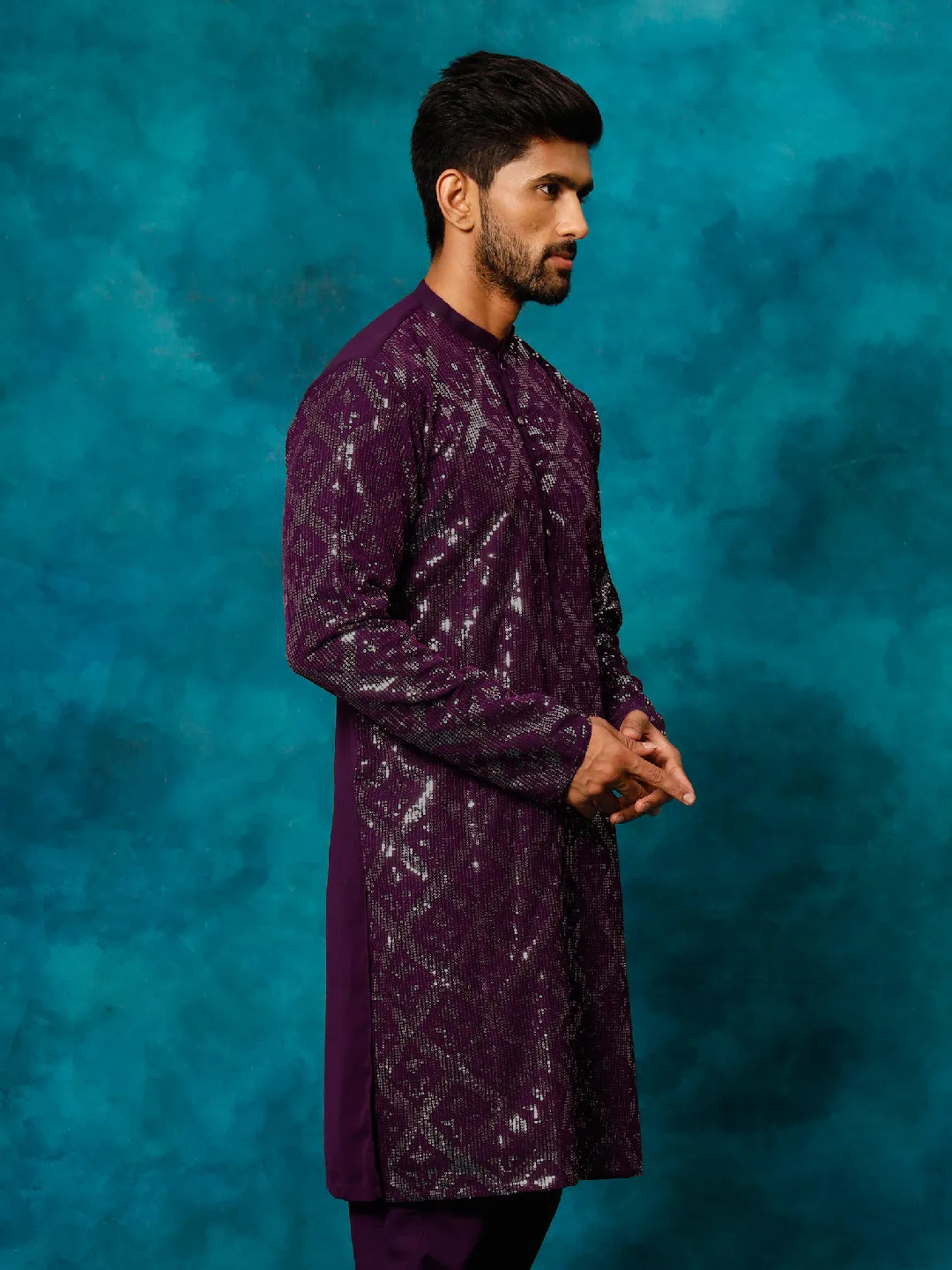 Vastramay Men's Purple Georgette Embellished Kurta