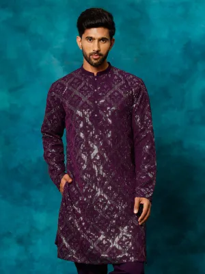 Vastramay Men's Purple Georgette Embellished Kurta