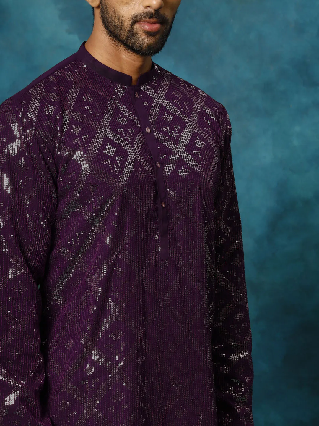Vastramay Men's Purple Georgette Embellished Kurta