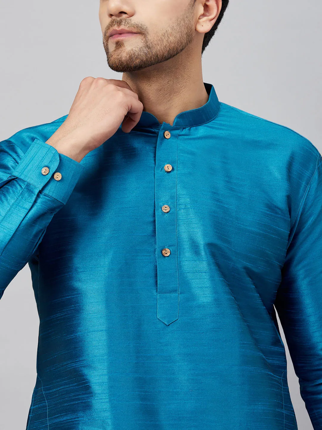 VASTRAMAY Men's Turquoise Blue Silk Blend Kurta