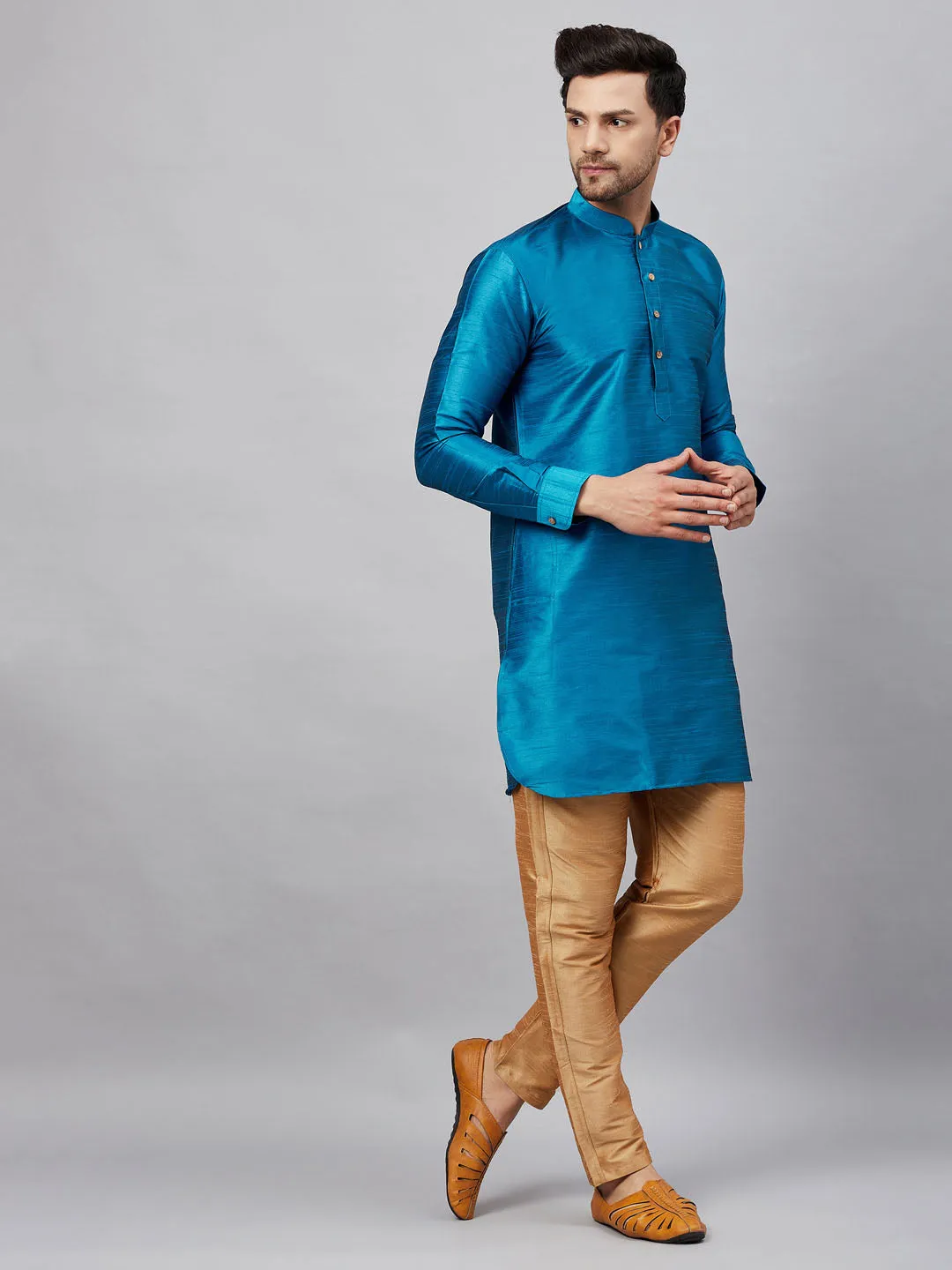 VASTRAMAY Men's Turquoise Blue Silk Blend Kurta