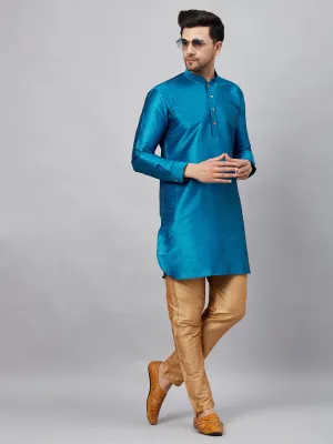 VASTRAMAY Men's Turquoise Blue Silk Blend Kurta