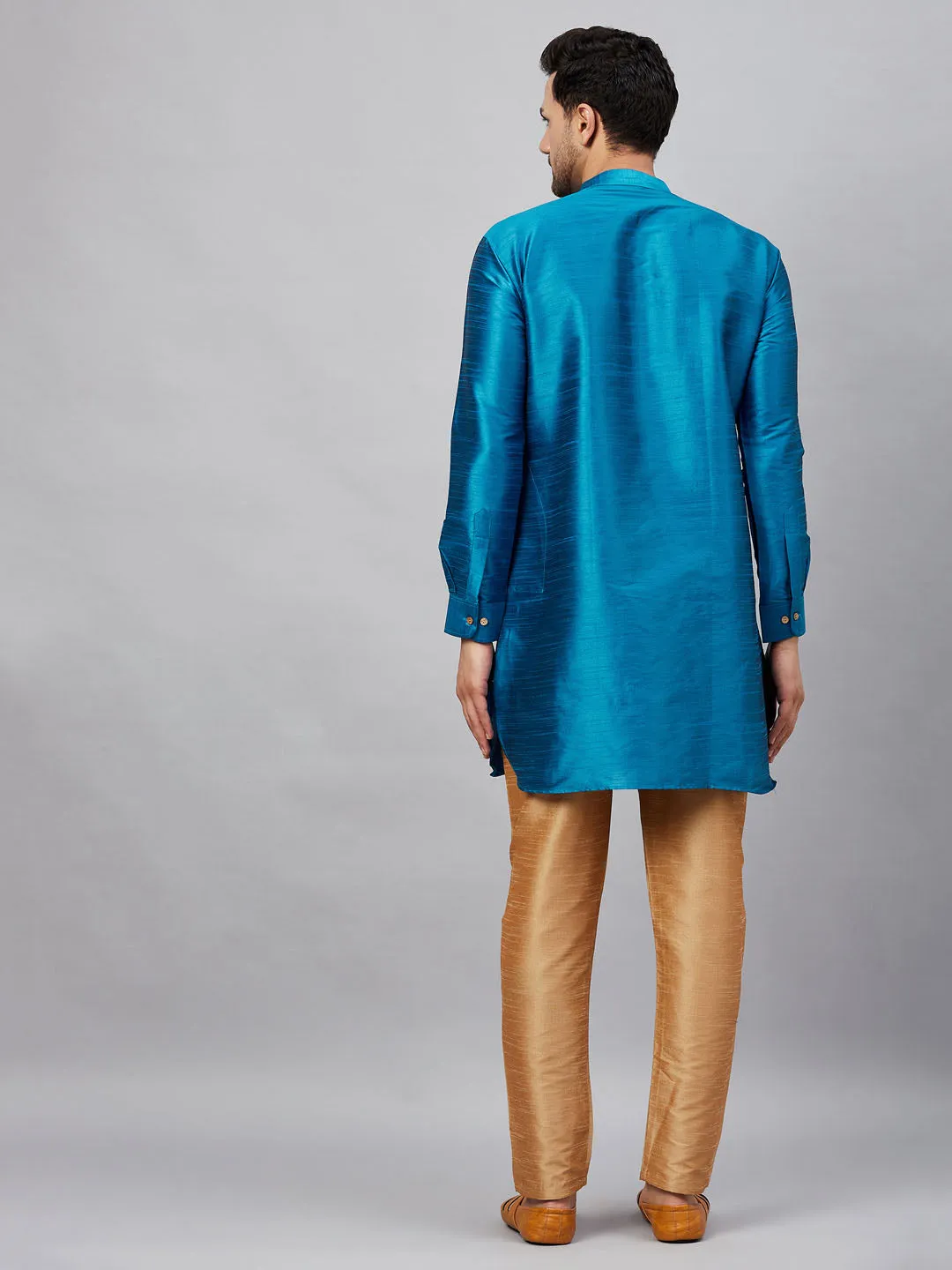 VASTRAMAY Men's Turquoise Blue Silk Blend Kurta