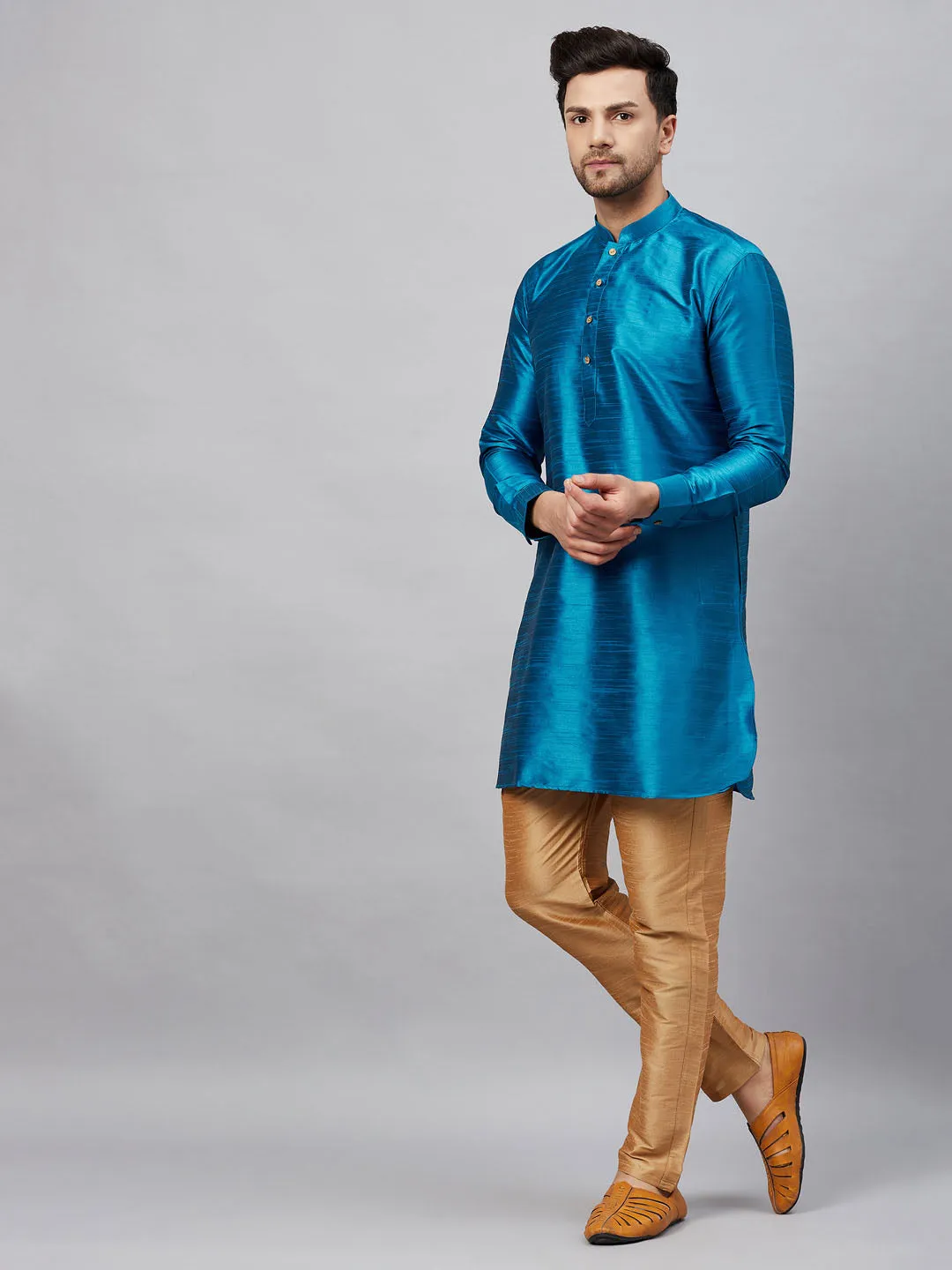 VASTRAMAY Men's Turquoise Blue Silk Blend Kurta