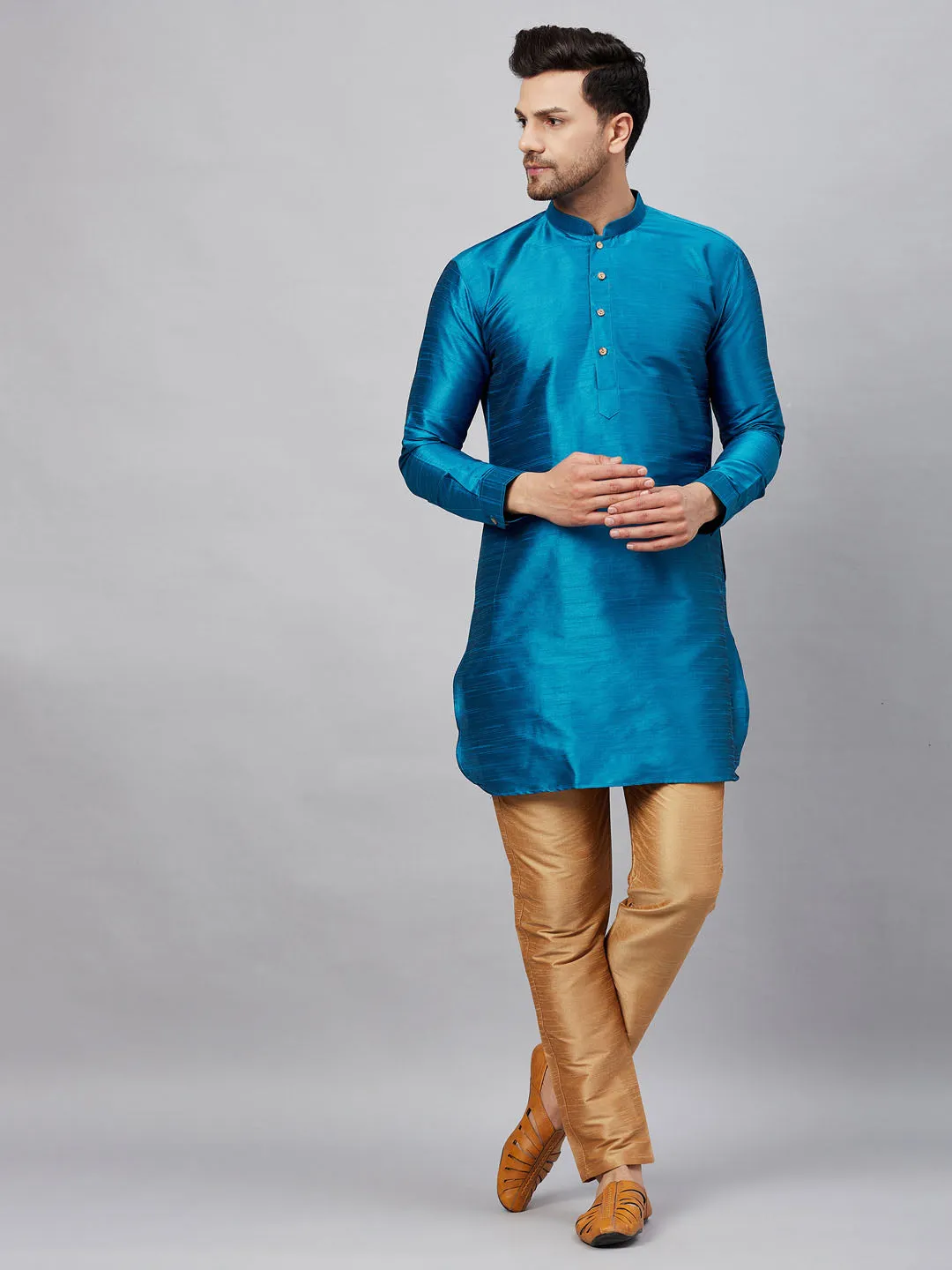 VASTRAMAY Men's Turquoise Blue Silk Blend Kurta