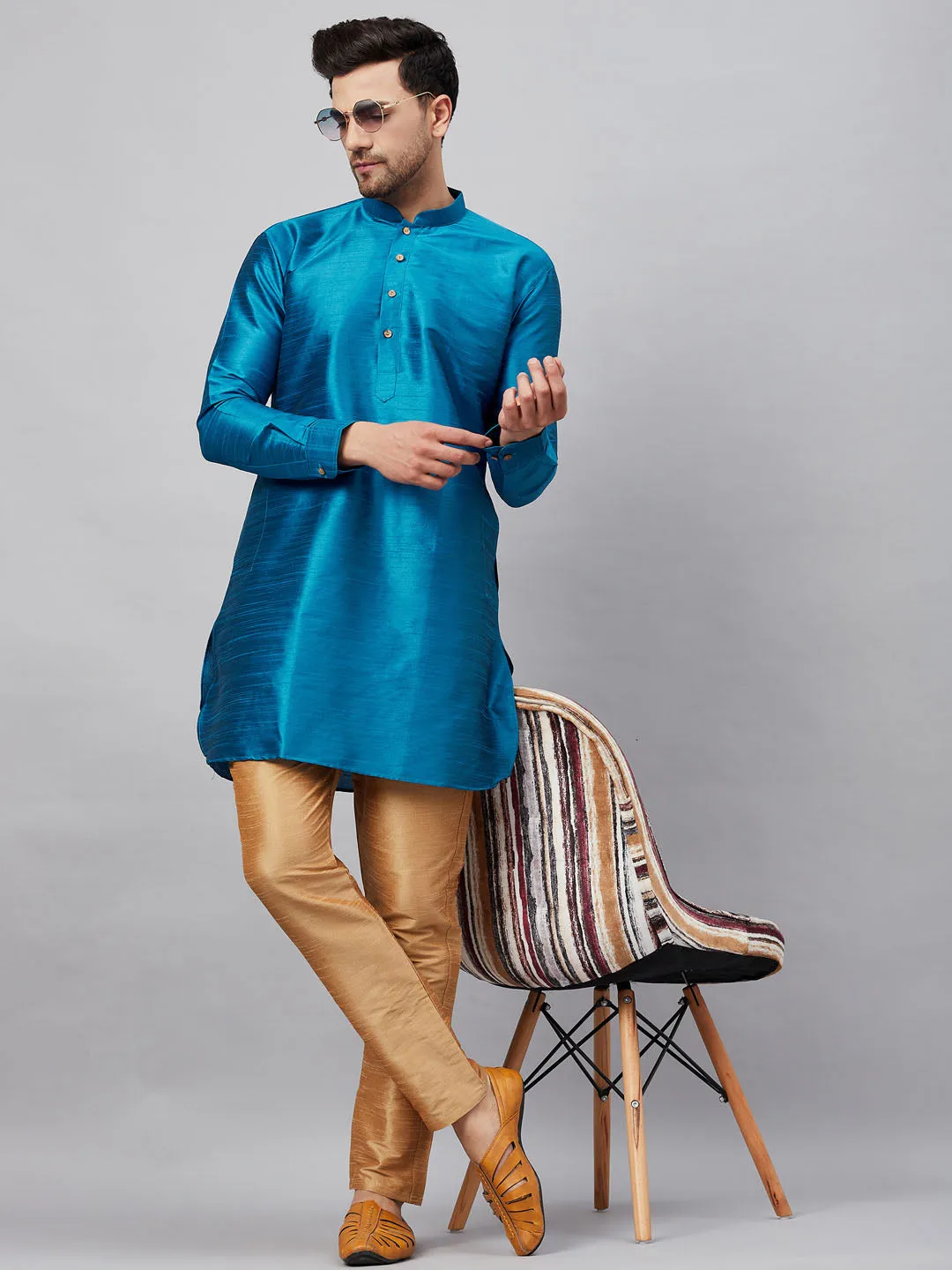 VASTRAMAY Men's Turquoise Blue Silk Blend Kurta