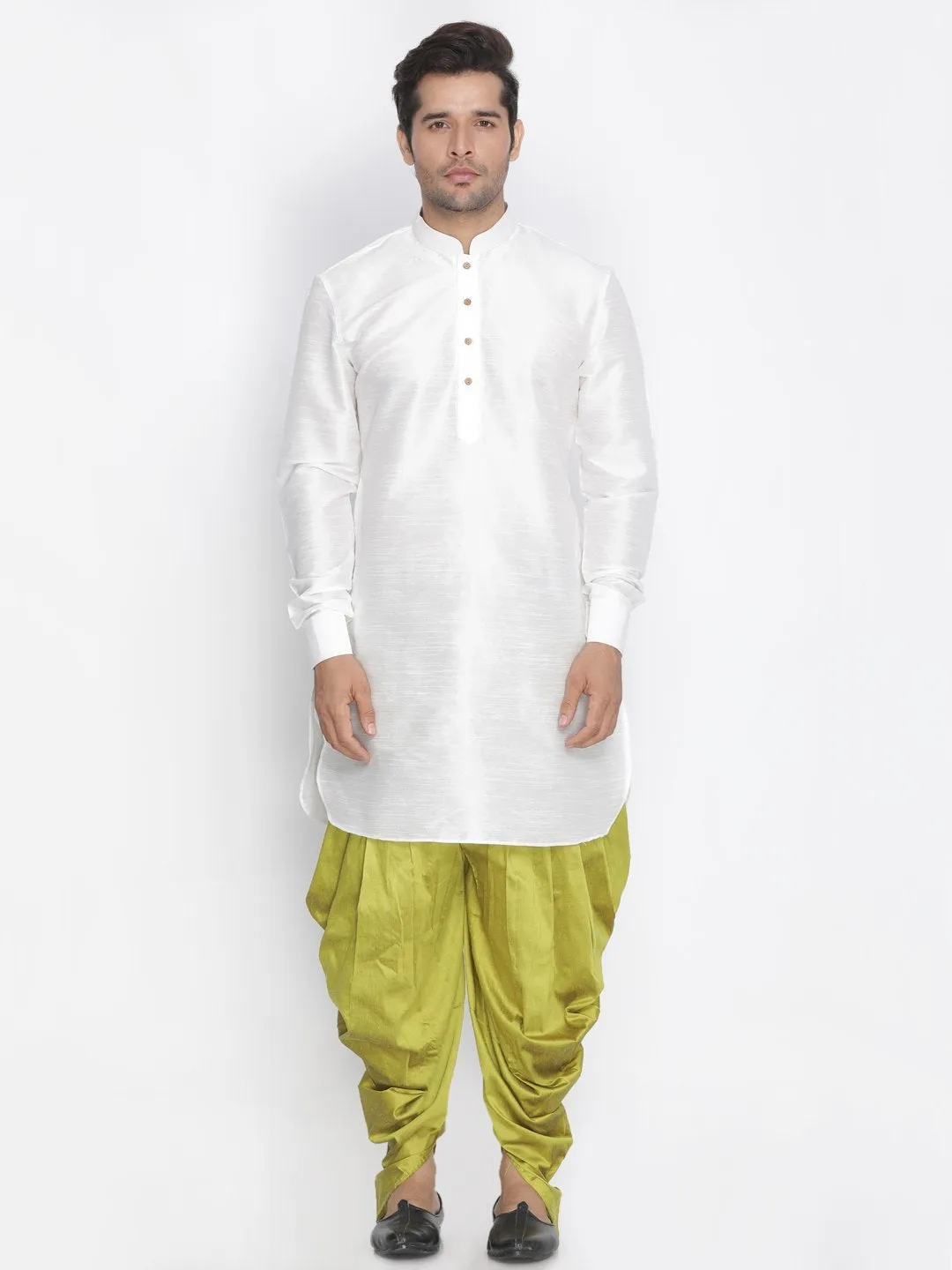 VASTRAMAY Men's White Silk Kurta Dhoti