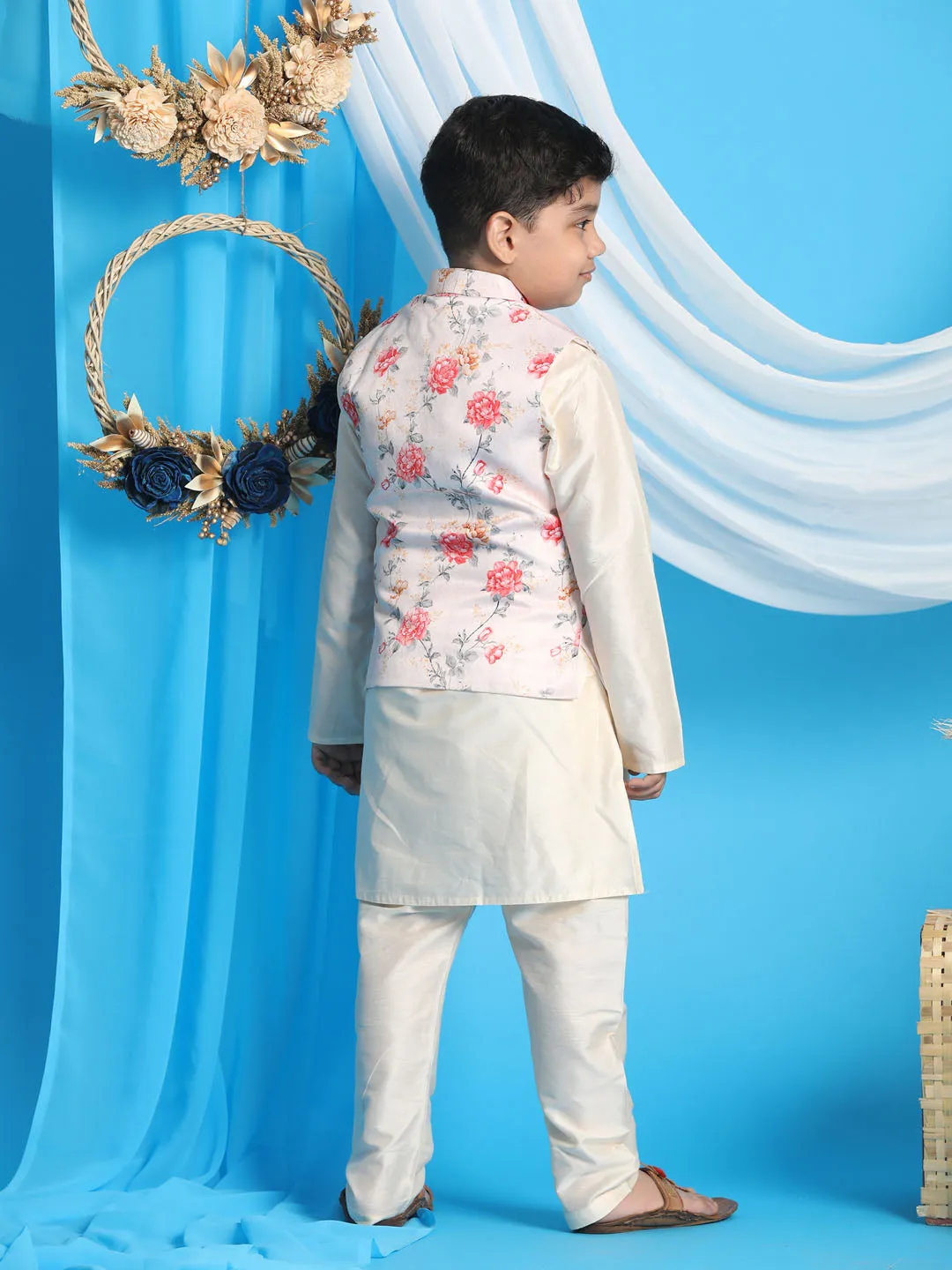 VASTRAMAY Peach Digital Print Nehru Jacket With Cream Kurta Pyjama Baap Beta Set