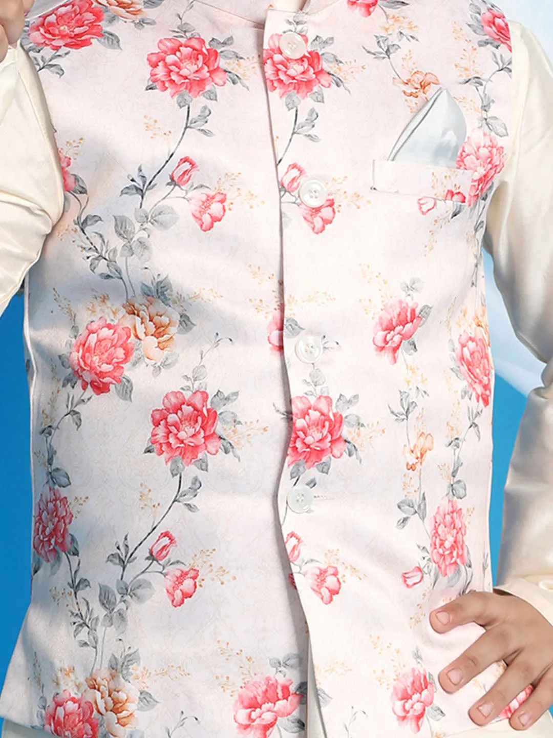 VASTRAMAY Peach Digital Print Nehru Jacket With Cream Kurta Pyjama Baap Beta Set