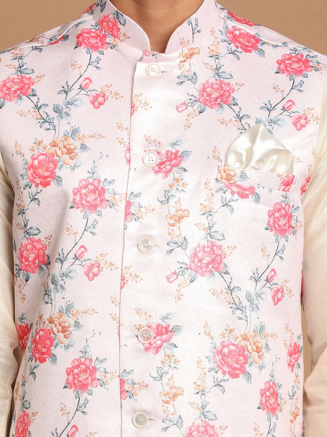 VASTRAMAY Peach Digital Print Nehru Jacket With Cream Kurta Pyjama Baap Beta Set