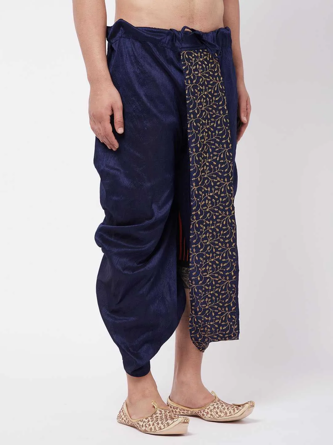 VM BY VASTRAMAY Men's Navy Blue Silk Blend Embroidered Dhoti