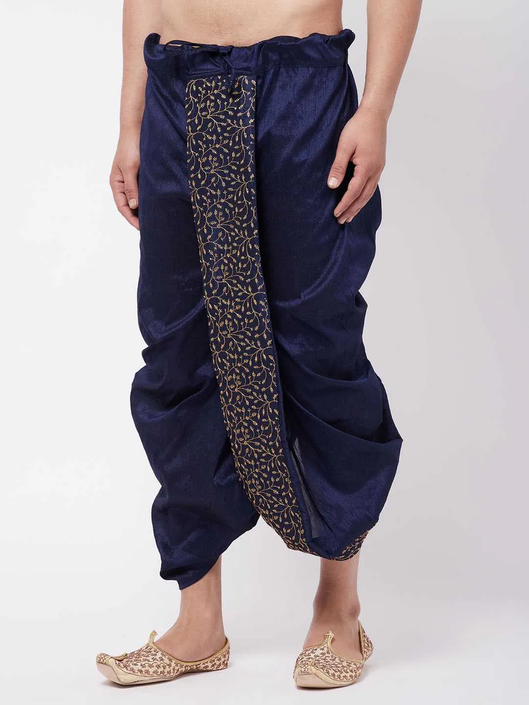VM BY VASTRAMAY Men's Navy Blue Silk Blend Embroidered Dhoti