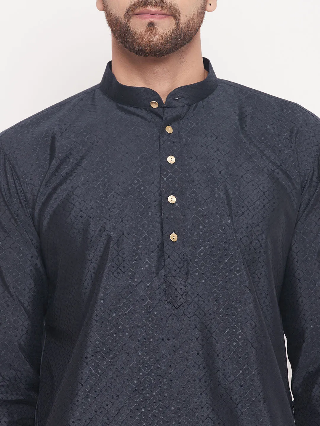 VM BY VASTRAMAY Men's Navy Blue Square Woven Design Silk Blend Kurta