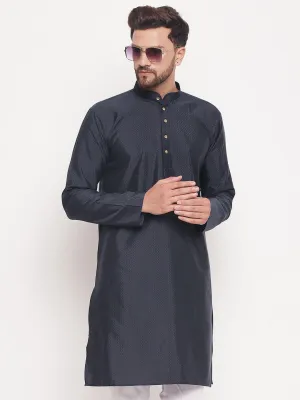 VM BY VASTRAMAY Men's Navy Blue Square Woven Design Silk Blend Kurta