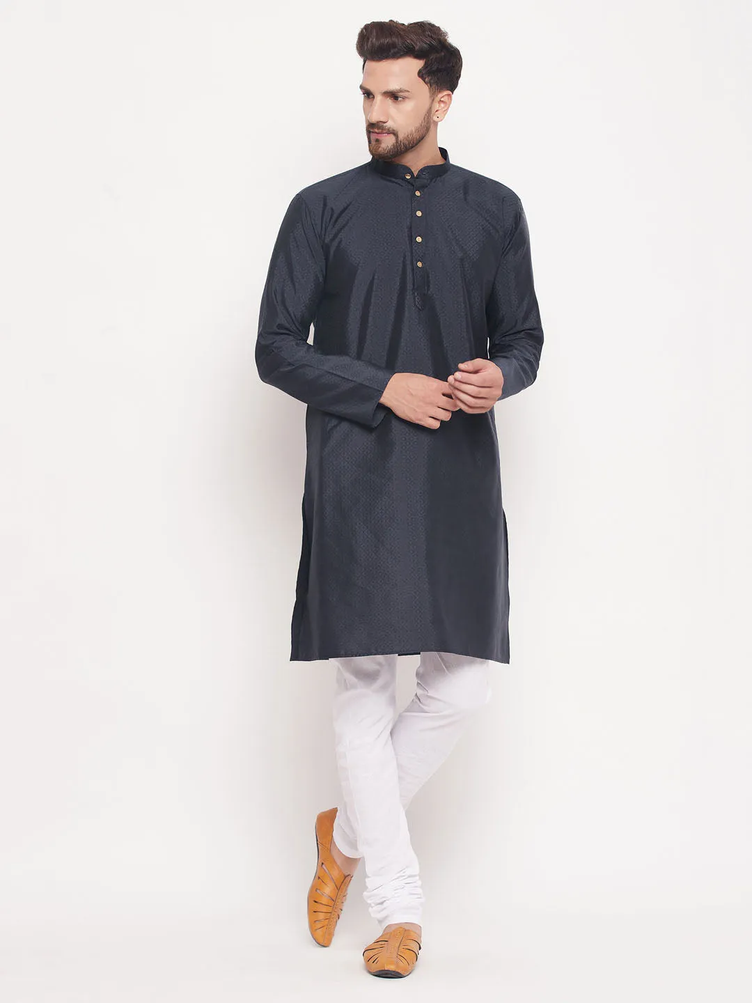 VM BY VASTRAMAY Men's Navy Blue Square Woven Design Silk Blend Kurta