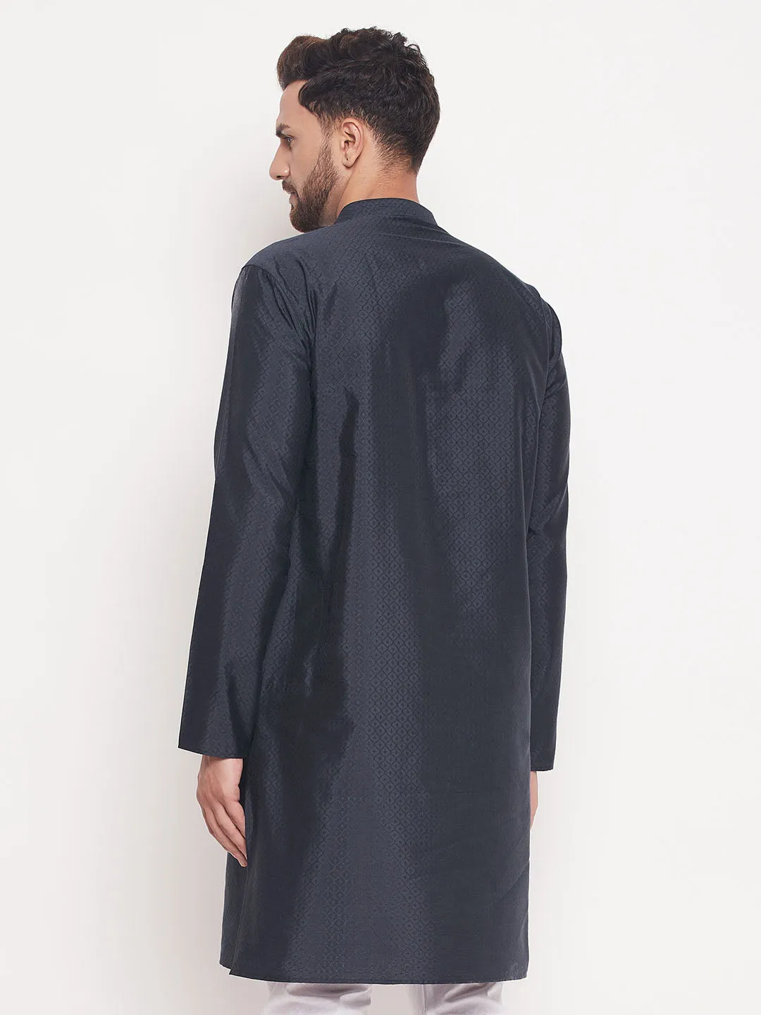 VM BY VASTRAMAY Men's Navy Blue Square Woven Design Silk Blend Kurta