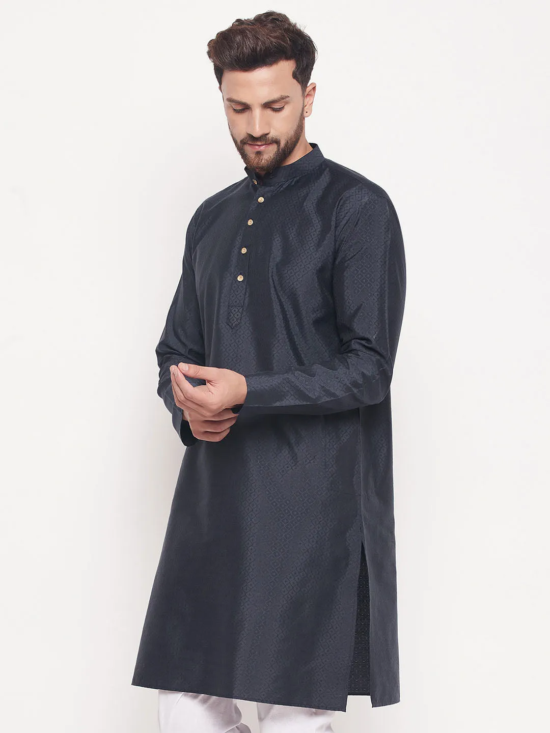 VM BY VASTRAMAY Men's Navy Blue Square Woven Design Silk Blend Kurta