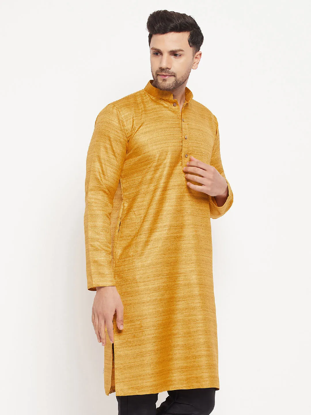 VM BY VASTRAMAY Men's Yellow Matka Silk Kurta