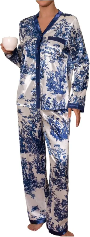WDIRARA Women's Floral Print Satin Pajama Set 2 Piece V Neck Button Down Pants Pjs Sleepwear