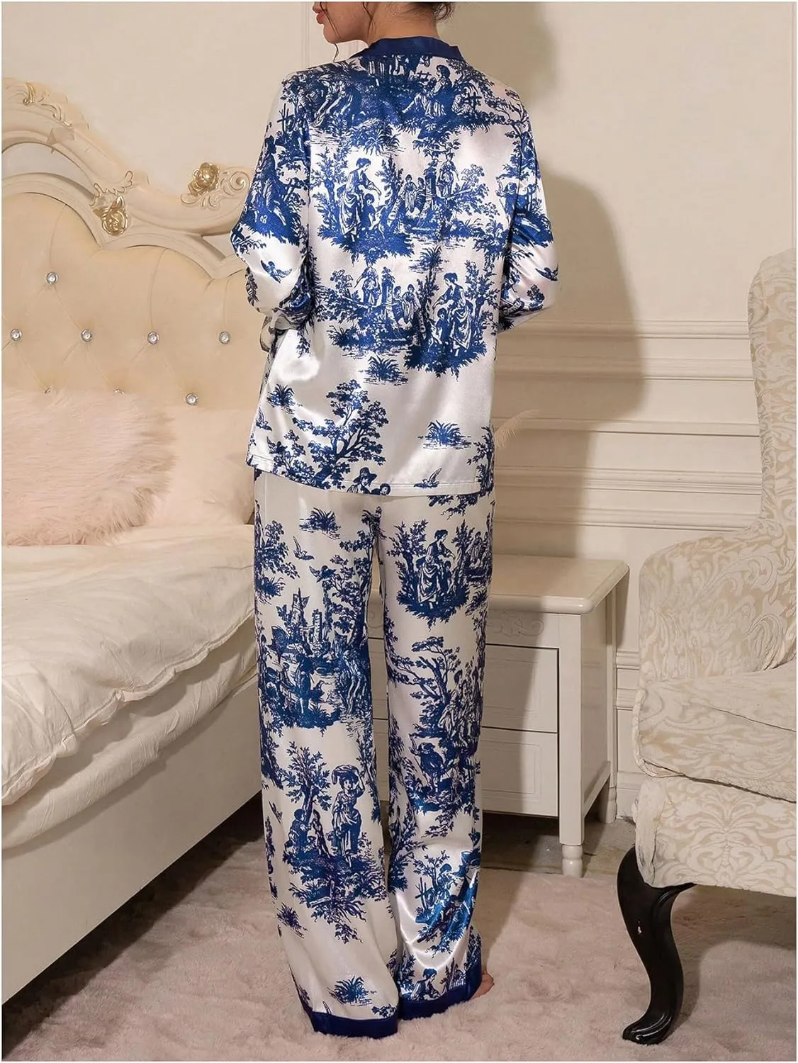 WDIRARA Women's Floral Print Satin Pajama Set 2 Piece V Neck Button Down Pants Pjs Sleepwear