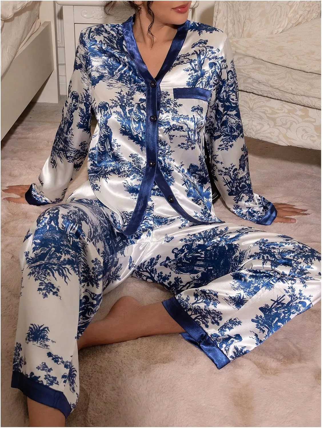 WDIRARA Women's Floral Print Satin Pajama Set 2 Piece V Neck Button Down Pants Pjs Sleepwear