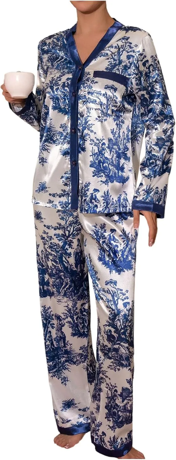 WDIRARA Women's Floral Print Satin Pajama Set 2 Piece V Neck Button Down Pants Pjs Sleepwear