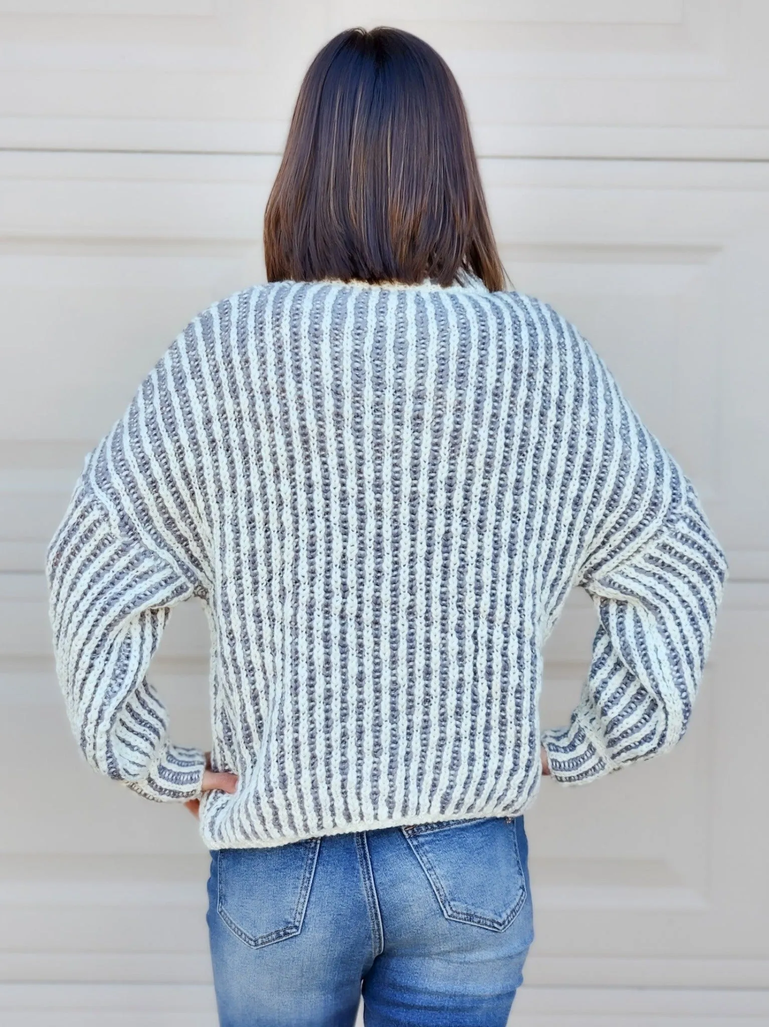 White & Grey Striped Sweater