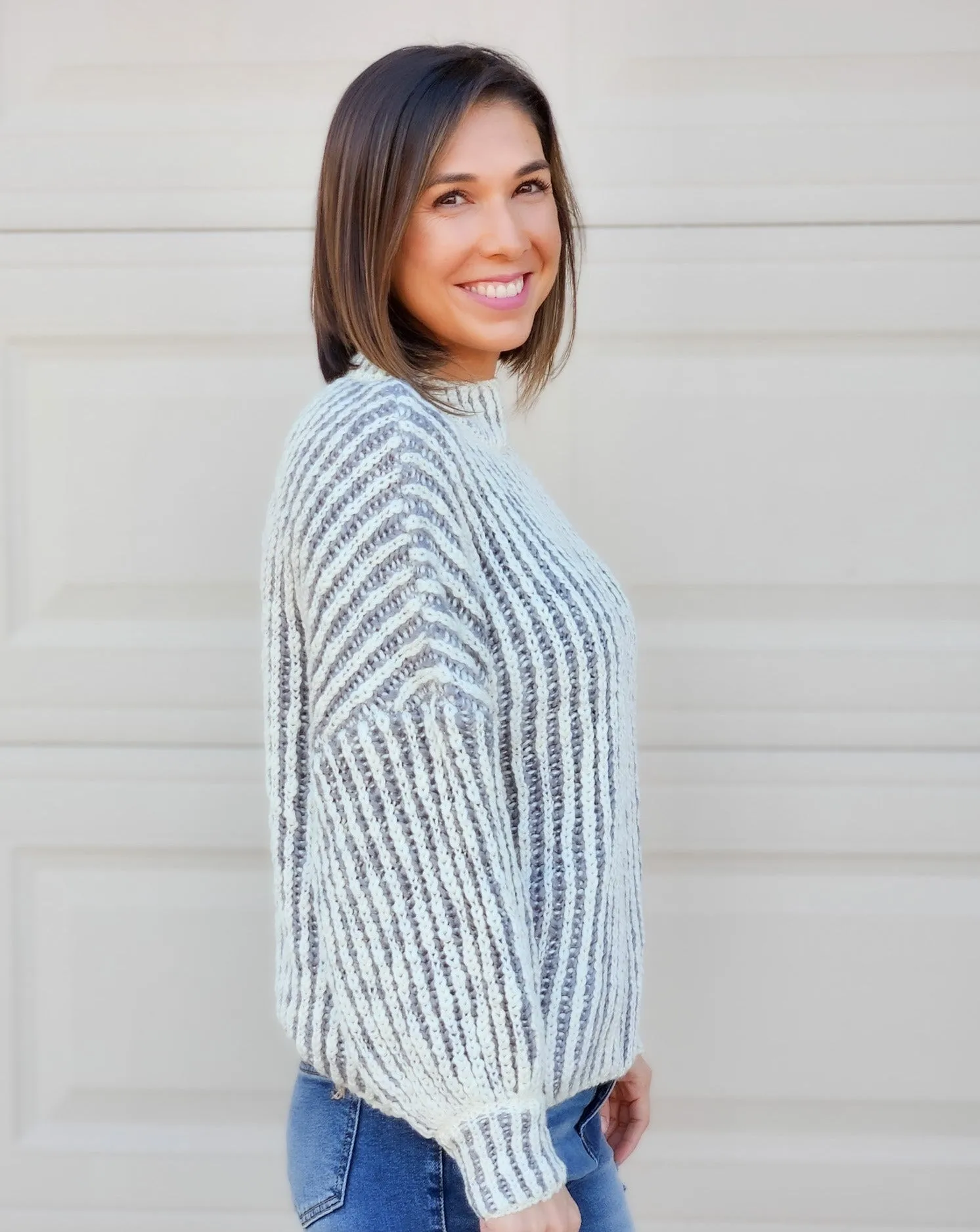 White & Grey Striped Sweater