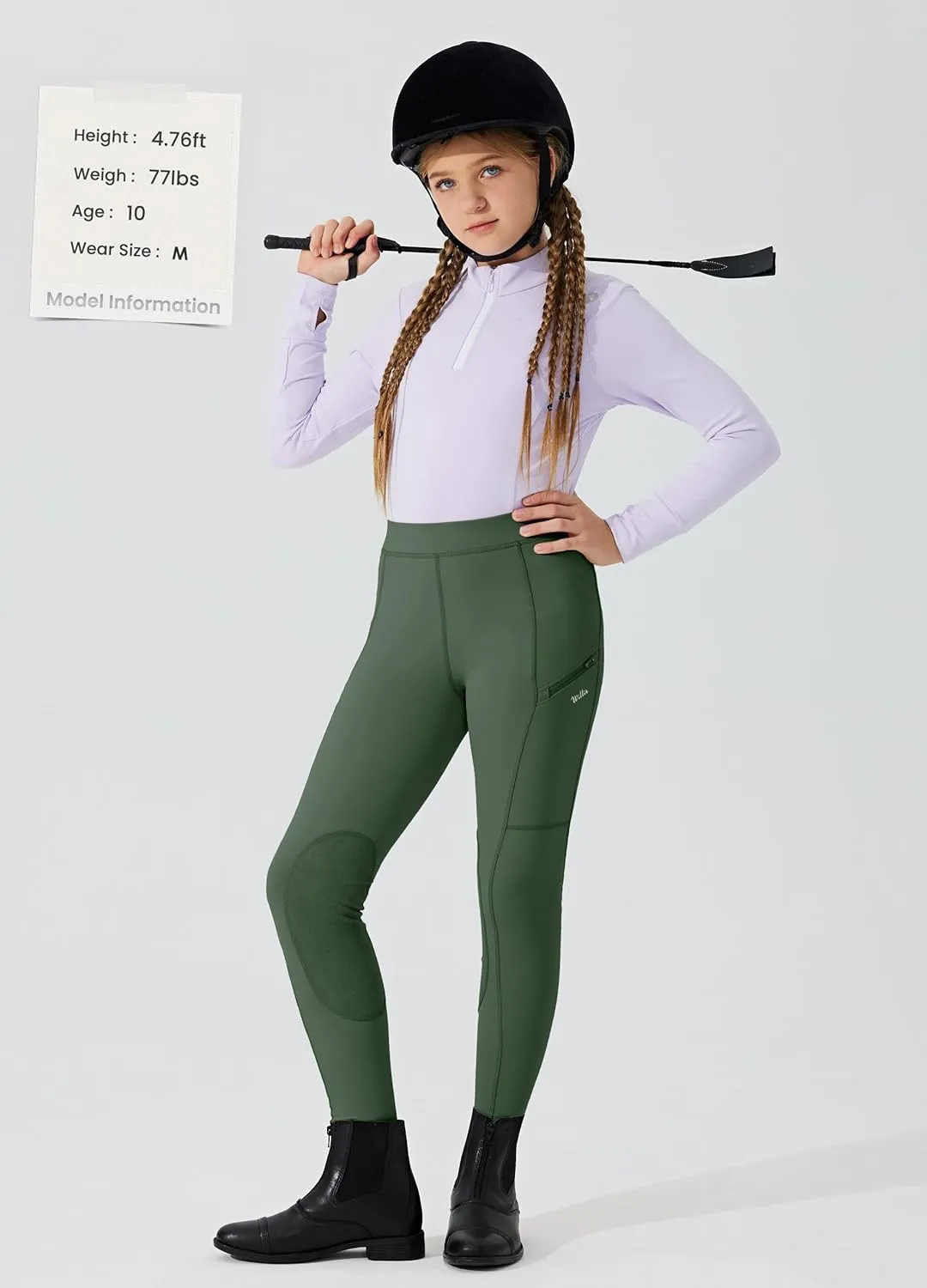 Willit Girls Horse Riding Pants Tights Kids Equestrian Breeches Knee-Patch Youth Schooling Tights Zipper Pockets